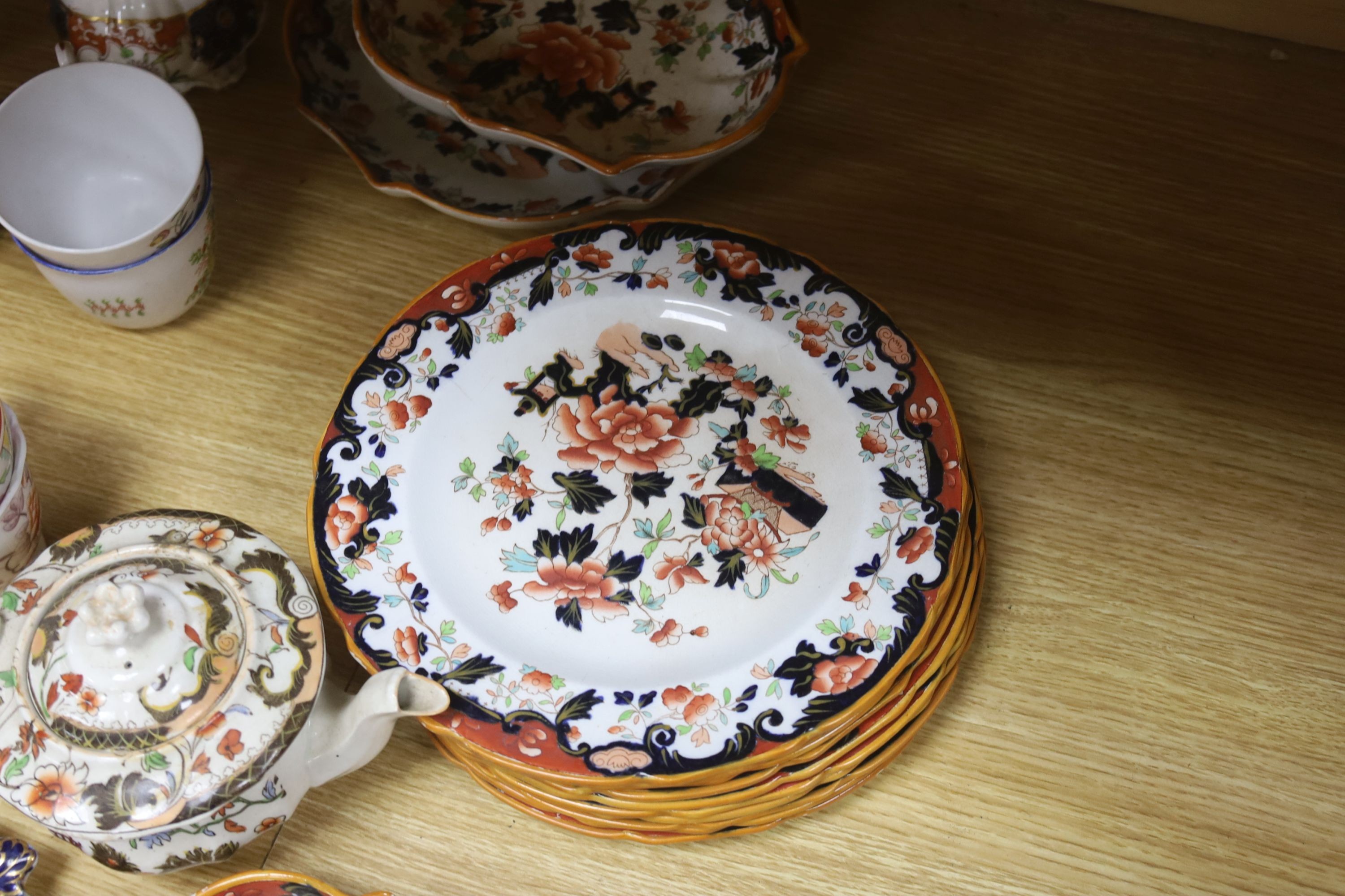 A A group of Staffordshire bone china Imari pattern tea and coffee wares Imari pottery tea set and Copeland Spode ‘Devonian’ dessert service